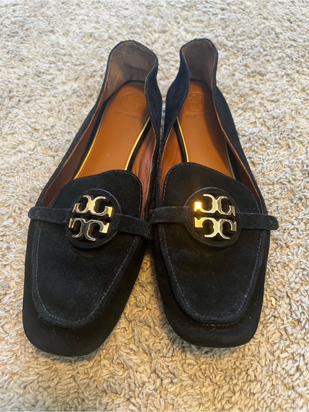 Tory Burch Black Suede Loafers with Gold Logo Medallions